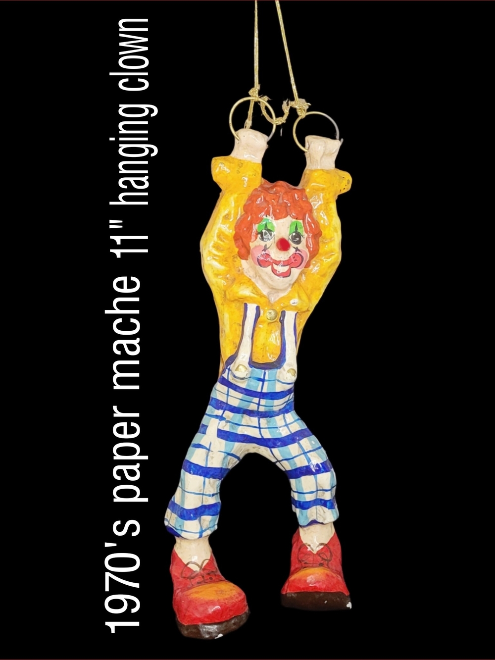 1970s Paper Mache Large 11" Handmade Ceiling Hanging Clown